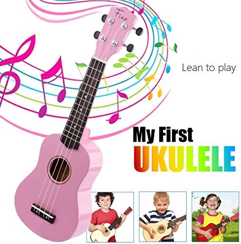 FINO Beginner Ukulele 21 Inch Soprano Ukelele for Kids Four String Wood Children Ukulele with Gig Bag (Pink)