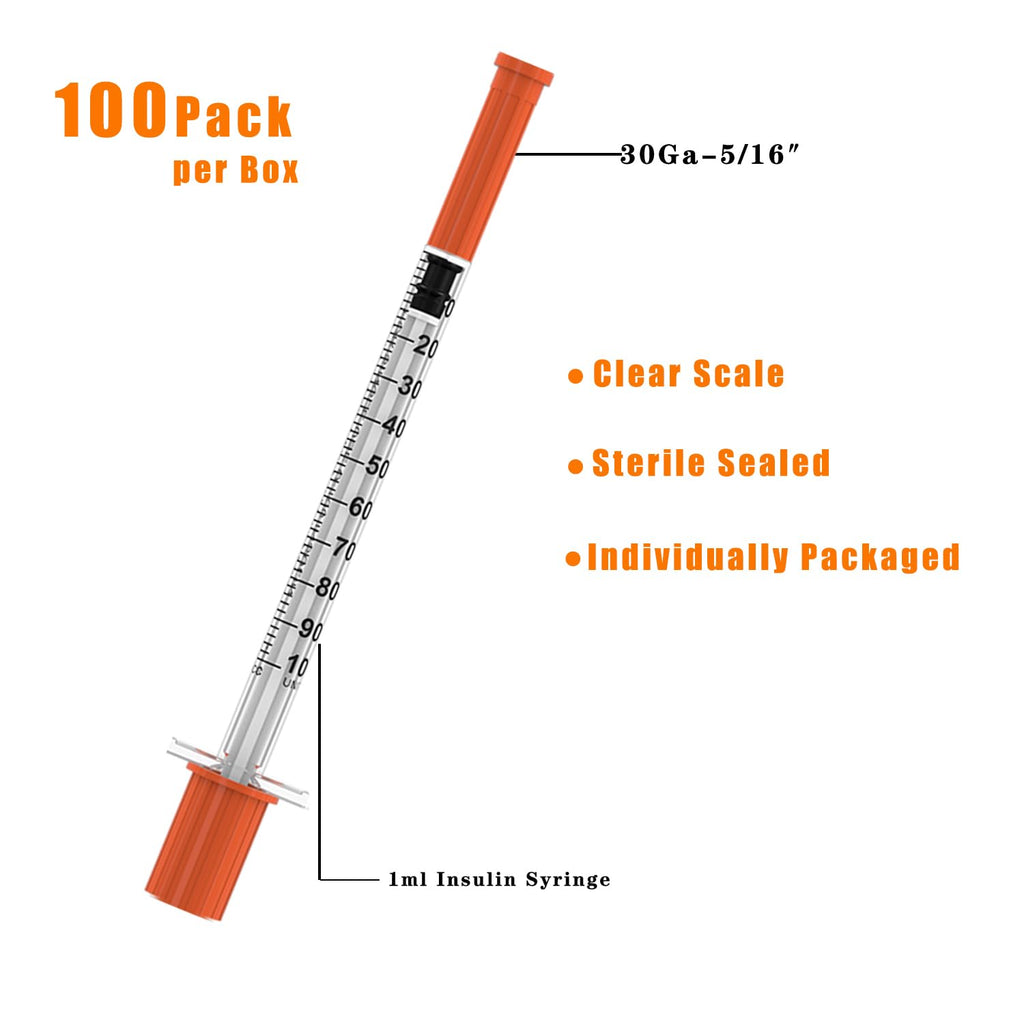 U-100 Disposable Syringes with Needle – 1ml/cc, 30G 5/16" (8mm), Individually Wrapped,100Pack