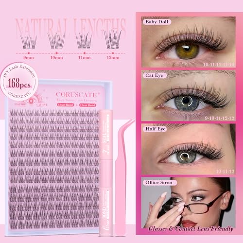 Insivible Band Lash Clusters Kit Wispy Eyelash Clusters Natural Lash Extension Kit 9-12mm Cluster Eyelash Extensions 168pcs Individual Lashes Clear Lash Bond and Seal Lash Tweezers