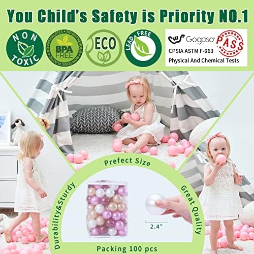 GOGOSO Ball Pit Balls for Toddler, Baby Plastic Playballs Kids Soft Pastel Pelotas Non-Toxic BPA-Free,Dark Pink+Gold+White+red,100 Balls