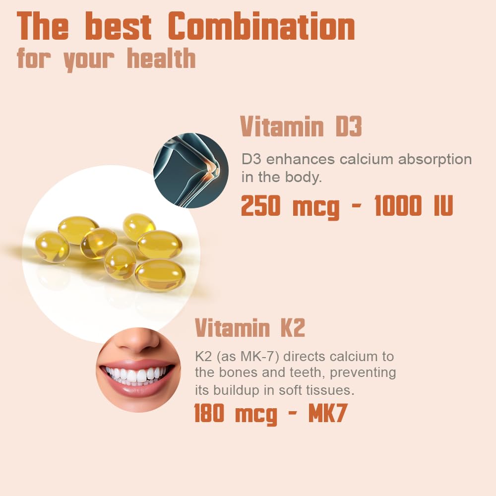 Health Dose Vitamin D3 10,000 IU + K2 (MK7) Supplement, 2-in-1 Formula, Immune Support, a Healthy Mood, Heart, Joint, Teeth, Bone Health, Calcium Absorption, 180 softgels. (3)