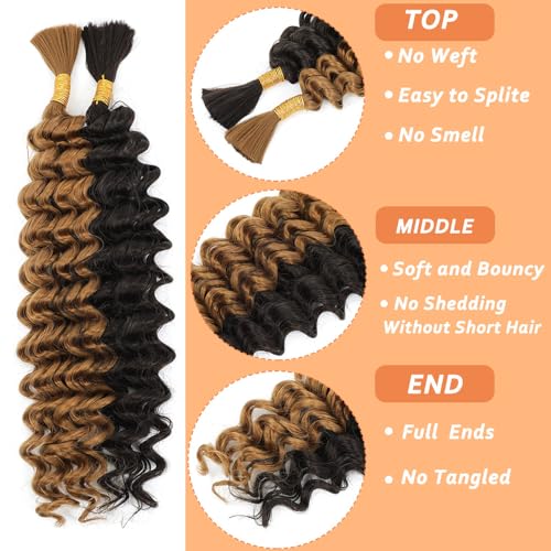 Human Braiding Hair Mix Synthetic Boho Hair for Braiding, 18 Inch Wet and Wavy Braiding Hair 2 Pcs Deep Wave Bulk Hair for Braiding Curly Bohemian Hair Extensions (P4/27, 20INCH)