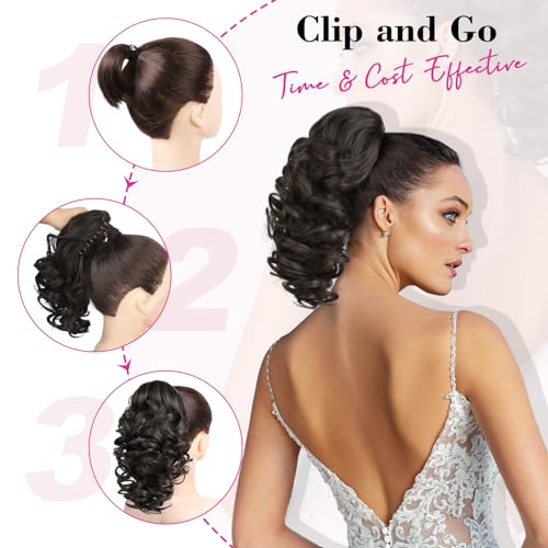 REECHO 12" Ponytail Extension, Classic Loose Curly Wavy Claw Clip Pony tails Hair Extensions Hairpieces for Women - Dark Brown