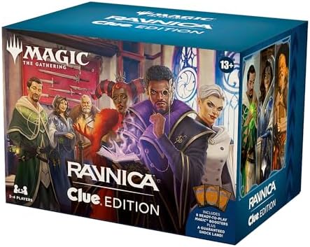 Magic: The Gathering Ravnica: Clue Edition - 3-4 Player Murder Mystery Card Game (Includes 8 Ready-to-Play Boosters, 21 Evidence Cards, 1 Foil Shock Land, and Detective Game Accessories)