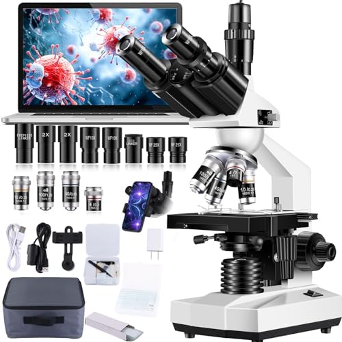 Trinocular Microscope 40X-5000X Magnification Laboratory Grade with Dual Mechanical Stage and HD USB Camera Microscope for Adults