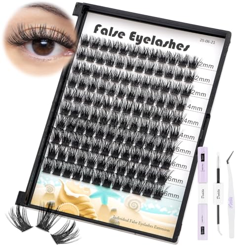 Large Tray- 10-20MM Available 120 Pcs D Curl Segmented Cluster Eyelashes Makeup DTY Volume Eye Lashes Extensions Natural Long Wide Stem Individual False Eyelashes (Lashes Kit-12-14-16mm)