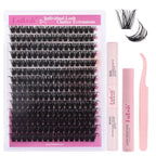 FADLASH Lash Extension DIY Kit Lash Clusters D Curl Cluster Lashes with Lash Bond and Seal Cluster Lashes Glue Remover Lash Tweezers for DIY Eyelash Extension at Home（Kit 100D-0.07D-12-18MIX）, black