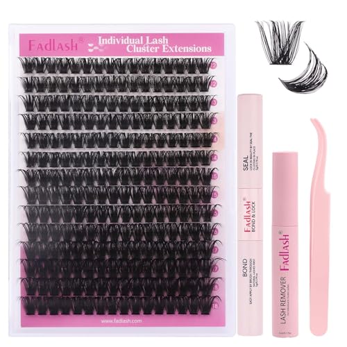 FADLASH Lash Extension DIY Kit Lash Clusters D Curl Cluster Lashes with Lash Bond and Seal Cluster Lashes Glue Remover Lash Tweezers for DIY Eyelash Extension at Home（Kit 100D-0.07D-12-18MIX）, black