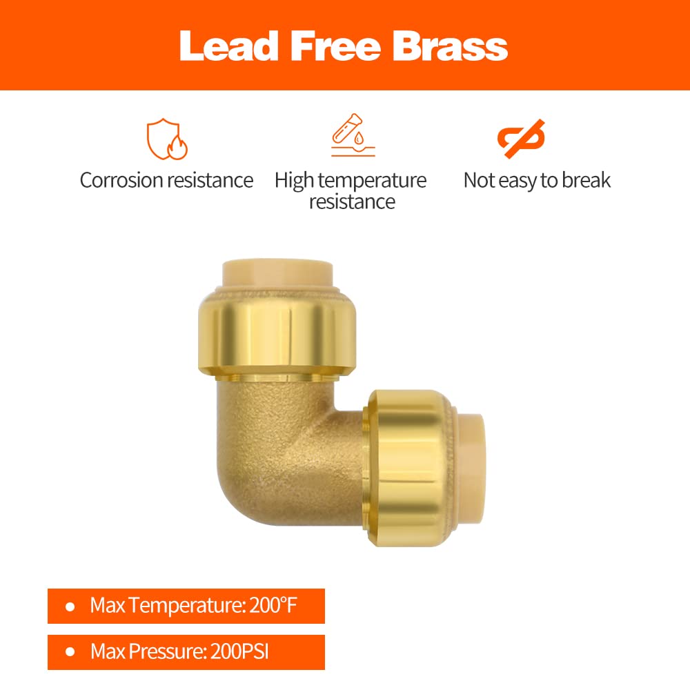 6 Pack Push-to-Connect Plumbing Fittings, 1/2" Pushfit Elbow Fittings with Disconnect Clip for Copper, PEX, CPVC Pipe