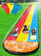JAMBO 25Ft Premium XXL Slip Splash and Slide with 3 Bodyboards, Heavy Duty Water Slide- Advanced 3-Way Sprinkler System, Splash Mat Splash Pad Backyard Waterslide Outdoor Water Toys n Slides for Kids