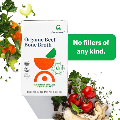 Organic Unsalted 16.9oz Beef Bone Broth from Gourmend Foods (12 Pack) – Just 10 Ingredients, Low FODMAP Certified, Filler Free, Gluten Free, Non-GMO, Onion & Garlic Bulb Free