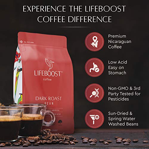 Lifeboost Coffee Dark Organic Coffee Beans - Dark Roast Low Acid Coffee Beans - Single Origin Non-GMO Organic Coffee - Third Party Tested For Mycotoxins & Pesticides - Whole Bean - 12 Ounces