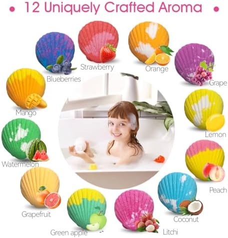 Bath Bombs for Kids with Surprise Toys Inside, 12 Pack Shell Kids Bath Bombs Gift Set for Girls Boys Birthday, Christmas, Halloween, Handmade Organic Bath Fizzy Bomb with Sea Animal for Children