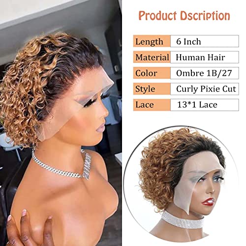 Ombre Blonde Pixie Cut Lace Front Wigs 6 inch Human Hair 13X1 Pixie Cut Short Curly Wigs HD Lace Front Wigs Plucked Pixie Curly Wigs for Black Women (6 Inch, 1B/27#)