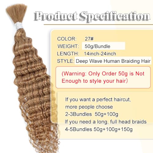 14 Inch Deep Wave Bulk Human Hair for Braiding No Weft Human Braiding Hair 100% Unprocessed Curly Micro Human Hair Braiding Hair Extensions for Boho Braids Wet and Wave (50g/1Pack) #27