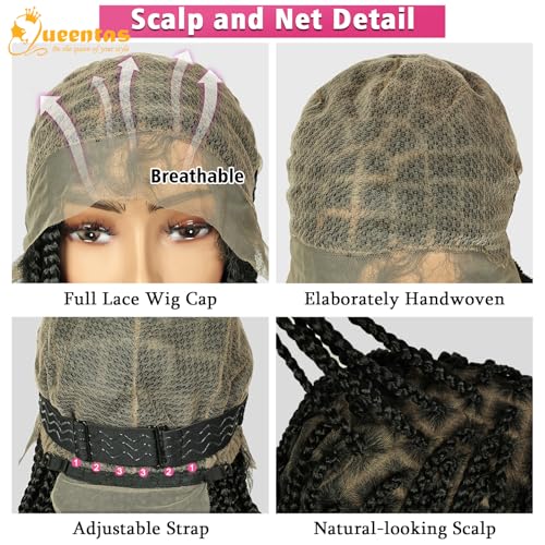 QUEENTAS 40" Lace Front Braided Wigs Box Boho Braids Wig for Black Women Faux Locs Wig with Baby Hair Natural Black Long Pre Braid Dreadlock wig