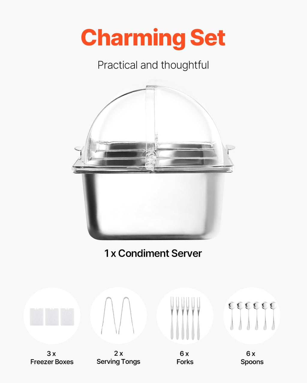 VEVOR Countertop Food Serving Display Container, 5 Pan Stainless Steel Food Serving Tray, Buffet Condiment Dispenser Display Rack with Clear Lid & 3 Freezer Boxes, for Restaurant Hotel Kitchen Party