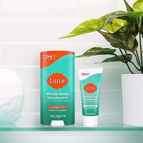 Lume Whole Body Deodorant - Invisible Cream Tube Mini and Solid Stick - 72 Hour Odor Control - Aluminum Free, Baking Soda Free, Skin Safe - 0.5 Oz Mini Tube + 2.6 Oz Solid Stick (Minted Cucumber)