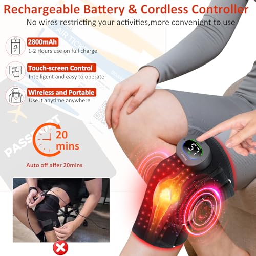 Red Light Therapy Knee Brace for Pain Relief, Vibration Knee Massager with Heat and Red Light Therapy, 660nm & 850nm Lights, Rechargeable Cordless Controller Near Infrared Light Therapy for Knee/Shoulder/Elbow