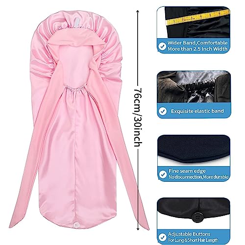 Satin Silk Bonnet Hair Cap: Long Bonnets with Elastic Tie Band Adjustable Straps Jumbo Size Sleep for Sleeping Comfortable - Stretchy Tie Band Bonnets for Women Long Braid Curly Hair No Slip-Off Pink