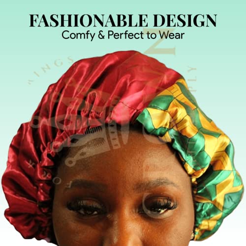 Red 2 Side Pattern Bonnet - Silky Designer Satin Bonnet with Elastic Soft Band Silk Slayer Corps (Burgundy Gold)