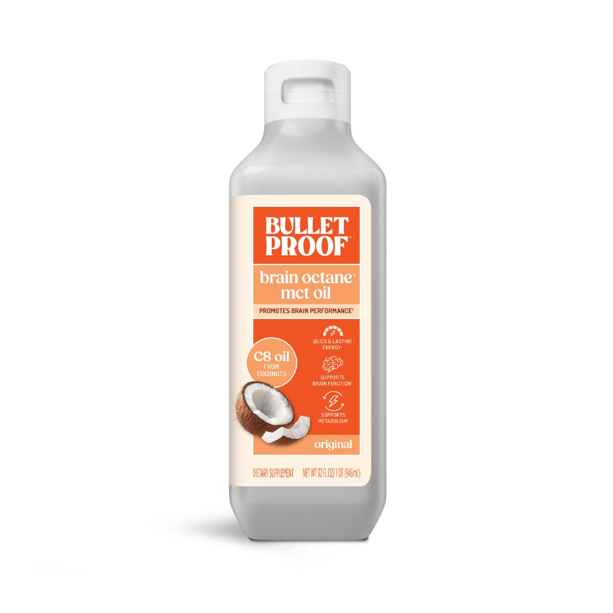 Bulletproof Brain Octane C8 MCT Oil, 32 oz – 100% Pure Coconut Oil, Triple-Distilled Keto Energy Supplement for Coffee & Smoothies, Unflavored, No Additives or Fillers, Non-GMO