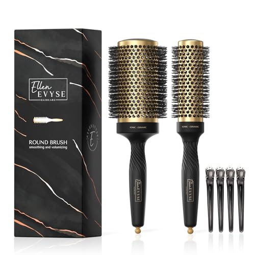 2 in 1 Ceramic Round Brush for Blow Drying,Thermal Ceramic Brush for Hair Styling, Anti-static Brush, Enhance Texture Volume, for Women & Men,with 4 Hair Clips (2.1 Inch& 1.3 Inch)