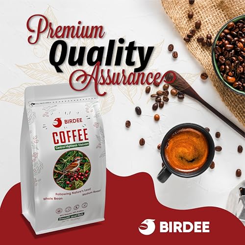 Birdee Vietnamese Coffee – 1 LB, Medium Roast Whole Bean, Arabica and Robusta, Hand-Picked, Resealable Bag, Smooth Flavor, Low Acid, High Caffeine, Single-Origin