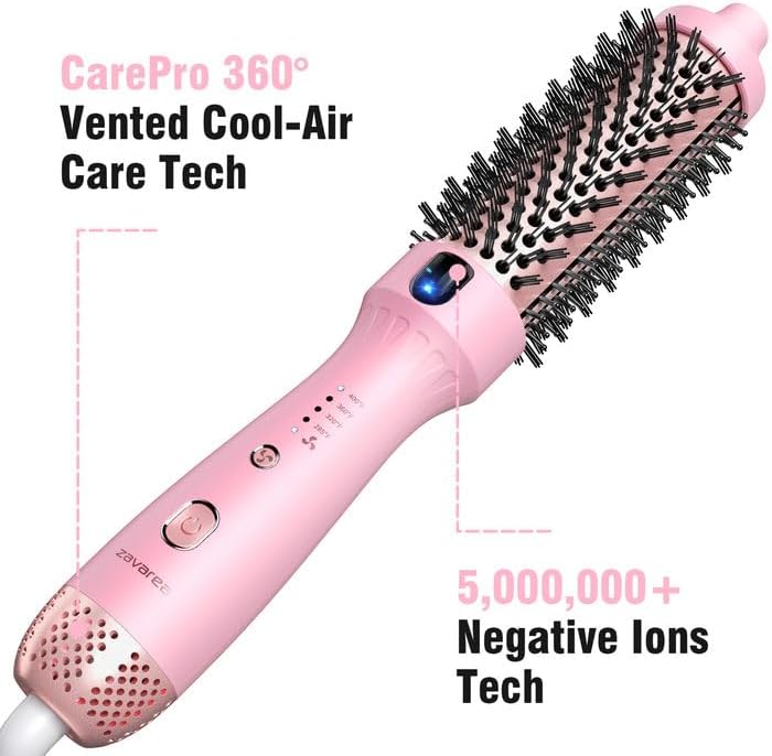 Thermal Brush for Blowout Look, Zavarea CarePro 1.5 Inch Negative Ion Thermal Brush, Heated Styling Tool with Cool-Air Tech for 0 Hair Damage, Easy to Quick Styling and Dual Voltage for Travel, Pink