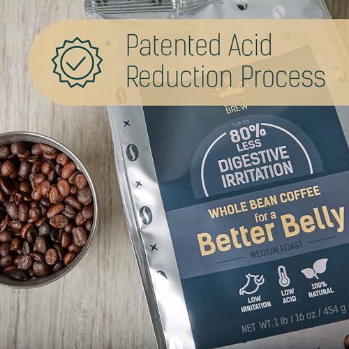 Glorybrew Low Acid Whole Bean Coffee 1 lb I Medium Roast Beans I For Sensitive Stomachs - Less Irritation I Unique Screw Cap for Fresh Coffee I 100% Natural