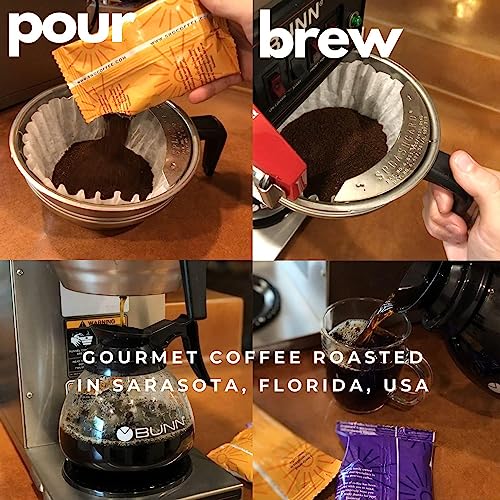 Sarasota Coffee Ground Packets | Gourmet Decaf Medium-Dark Roast Ground Coffee Packs | Decaf | Low Acid Mold Free Individual Single Pot Pouches for 12 Cup Coffee Maker | 2 Ounce Bags, 12 Count