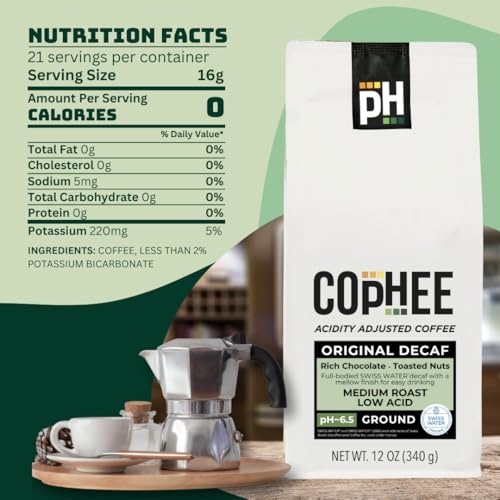 Low Acid Coffee - Decaf - Ground Medium Roast - Smooth Non-GMO Arabica Coffee - Electrolyte Infused for Sensitive Stomachs, Acid Reflux, and Heartburn ~pH 6.5-12 oz Original Decaf by COpHEE