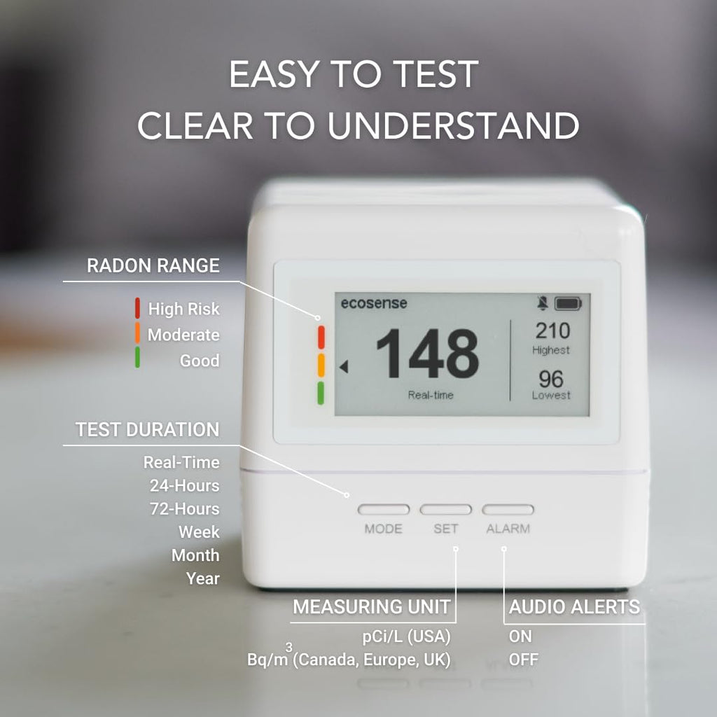 Ecosense EcoQube Flex Smart Radon Detector - Battery Powered Continuous Radon Monitor for Home Use with Always-On Display, Bluetooth App, Daily, Weekly, Monthly & Yearly Fluctuations on App