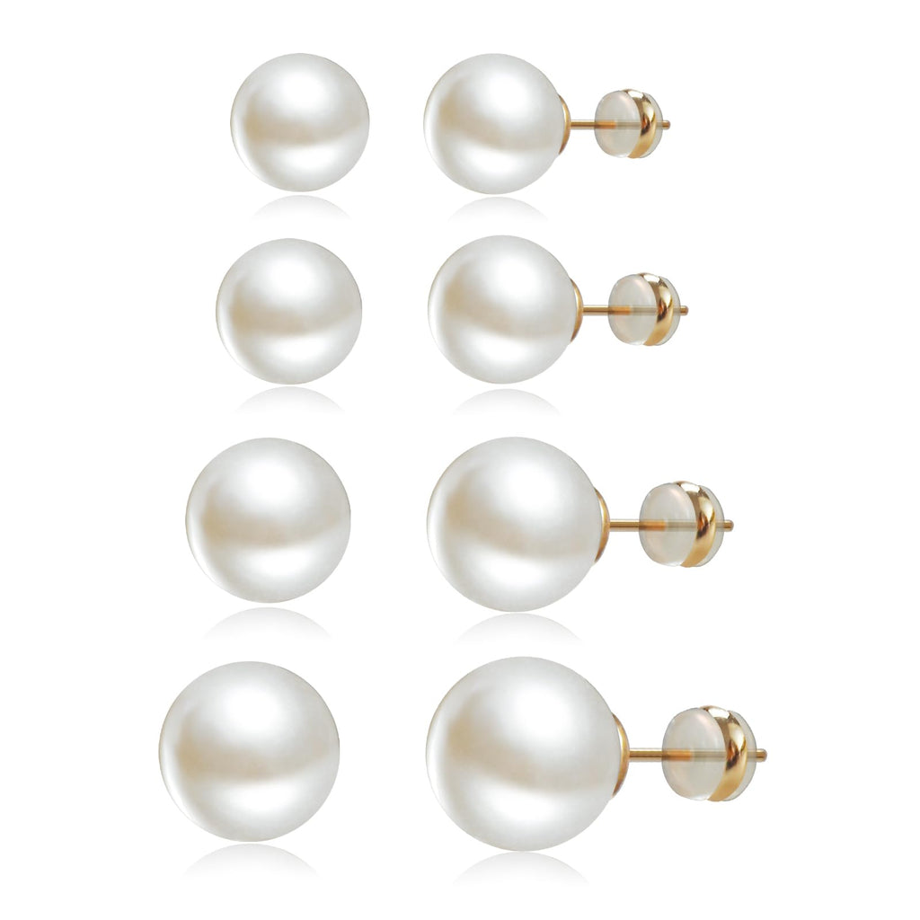 Sanglarst 4 Pairs Pearl Stud Earrings Sterling Silver Earring Flat Round