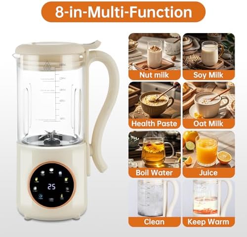 8-in-1 Automatic Soy Milk Maker with Self-Cleaning, 1400ml Large Capacity for Almond, Coconut, Oat Milk, Nut Milk, Juice, 16 Stainless Blades, 24H Delay Timer
