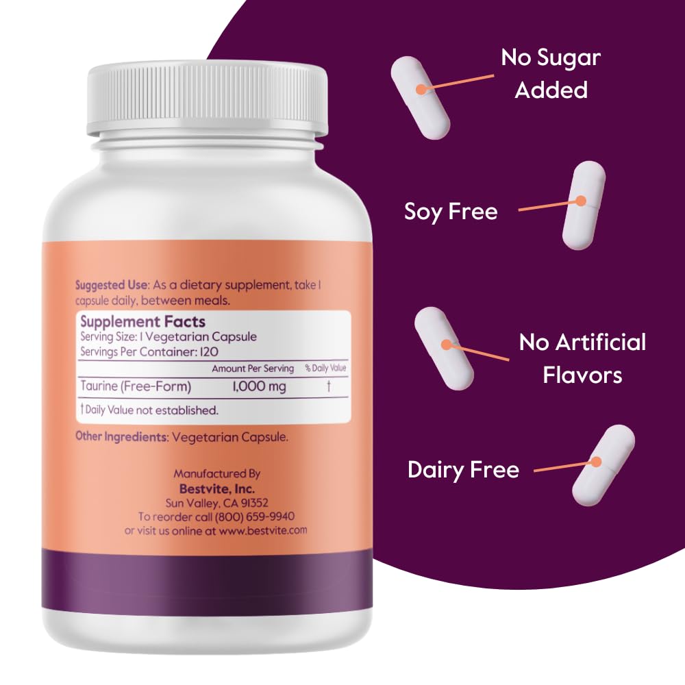 BESTVITE Taurine 1000mg (120 Vegetarian Capsules) - No Stearates - No Fillers - No Flow Agents - Vegan - Non GMO - Gluten Free