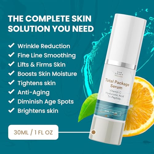 Sun Coast Sciences Total Package Serum - Vitamin C Serum with Hyaluronic Acid & Peptides for Face - Hydrating Anti Aging Face Serum for Smoother, Firmer Looking Skin - 1 Fl Oz (Pack of 1)
