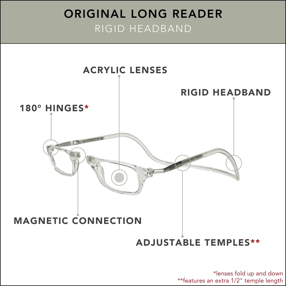 Clic Magnetic Reading Glasses for Men or Women, Computer Readers, Original Long (M-L, Clear, 1.50 Magnification)