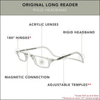 Clic Magnetic Reading Glasses for Men or Women, Computer Readers, Original Long (M-L, Clear, 1.50 Magnification)