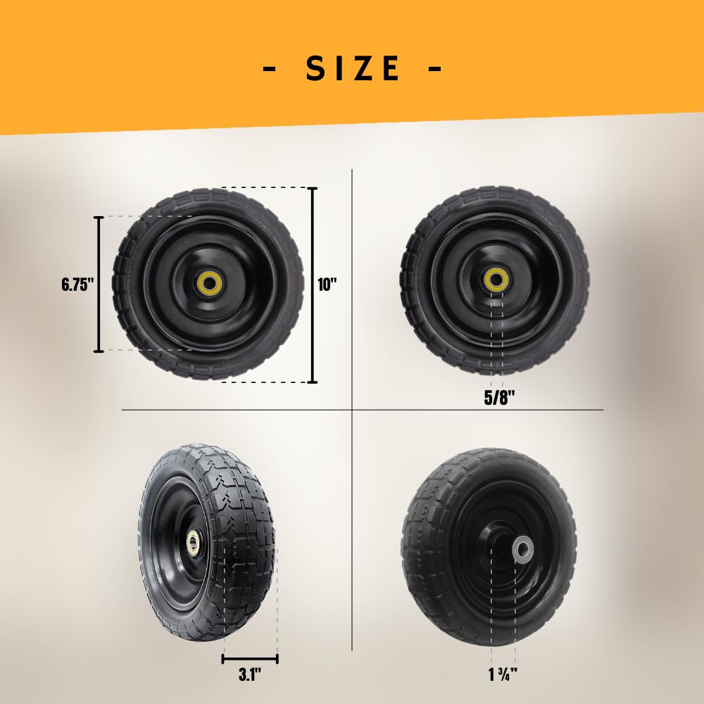 10-Inch Solid Replacement Tire and Wheel 4.10/3.50-4" - Flat Free Tires for Cart, Dolly, Hand Truck, Generator, Lawnmower, Garden Wagon with 5/8” Axle Bore Hole - Double Sealed Bearings (2)