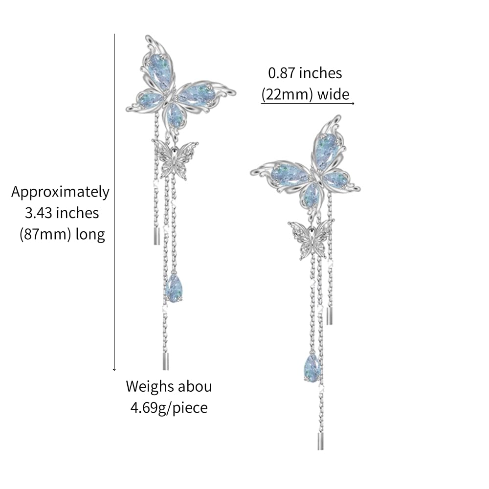 Delicate butterfly chain edge Stylish blue flexible butterfly earrings personality silver long dangle earrings for women M3179