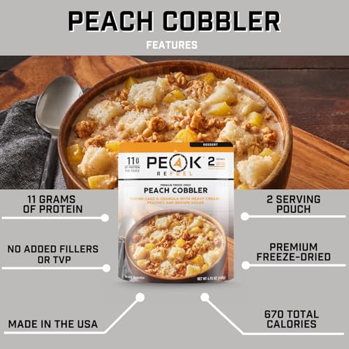Peak Refuel Peach Cobbler | Real Ingredients | Ready in Minutes | Just Add Water | Premium Freeze Dried Backpacking & Camping Food | 2 Servings | Ideal MRE Survival Meal or Dessert