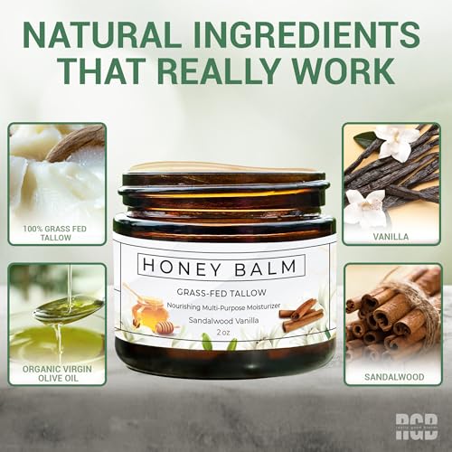 Tallow and Honey Balm, Handmade, Organic Body Butter, Grass-Fed Beef Tallow for Skin, Soothing All-Natural Moisturizer | Made in USA - 2 oz (Sandalwood Vanilla)