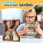 Summidate Customized Name Large Wooden Piggy Bank for Kids Boys Girls Alphabets Letter A-Z Coins Bills Money Change Bank Box Initial on Clear Cover (Laser Engraved) (Alphabet-K, Personalized-12)
