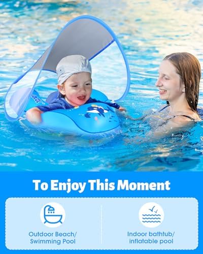 LAYCOL Baby Swimming Float Inflatable Baby Pool Float Ring with Sun Protection Canopy,add Tail no flip Over for Age of 3-36 Months