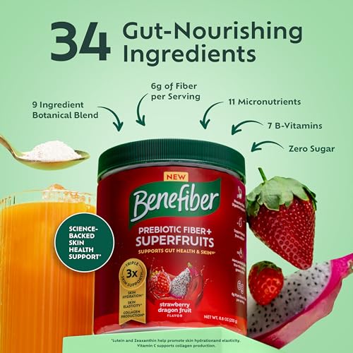 Benefiber Prebiotic Fiber + Superfruits Dietary Supplement, Strawberry Dragon Fruit Flavor, 8.8 oz (250g)