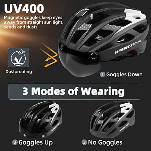 Bike Helmet, Basecamp Bicycle Helmet with Rear Light & Detachable Magnetic Goggles & Portable Backpack Lightweight Cycling Helmet Adjustable for Adult Men Women Mountain & Road (BC-069)
