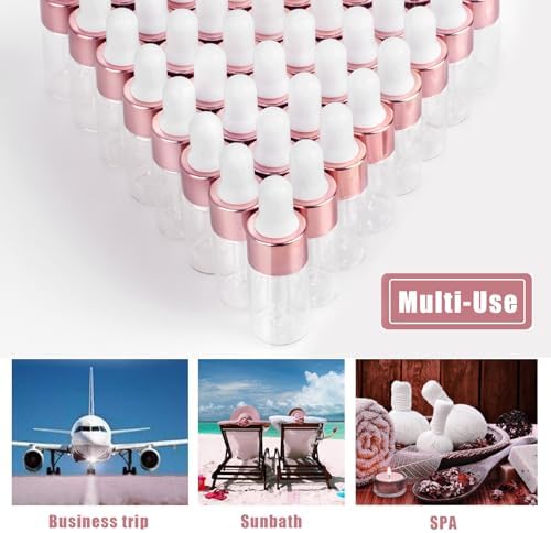 50 Pcs Sample Dropper Bottles, 3ml Mini Dropper Bottles with 2 Pcs Plastic Droppers for Traveling Essential Oils DIY Cosmetic Liquid Sample Perfume (Rose Gold)