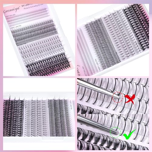 Geeneiya Lash Clusters Kit Individual Lash Extension Kit DIY Multi-type D Curl Cluster Eyelash Extension Kit with Bottom Lashes, Waterproof Lash Bond and Seal Glue, Lash Tweezers (30D, 480PCS)