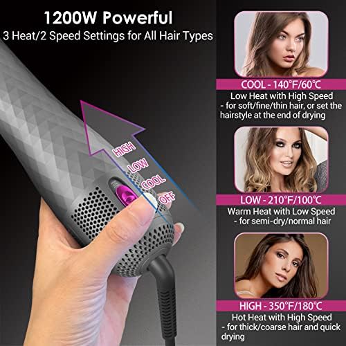 3 in 1 Hair Dryer Brush Professional 1200W Powerful Ceramic Tourmaline 3 Heat/2 Speed Settings One Step Hair Dryer and Styler (Gray)